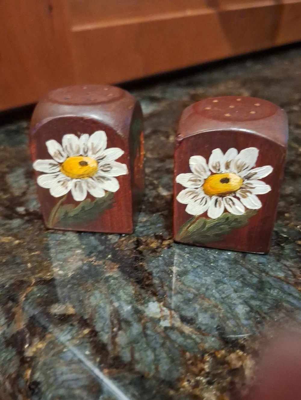 Handpainted Wooden 'P' and 'S' Salt and Pepper Shakers - Brown